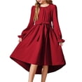 thumbnail image 1 of StSilkitty Girls Dress Puff Long Sleeve Crew Neck Tie Front A-Line Dresses Fall Solid Color Lightweight Casual Clothes, 1 of 5