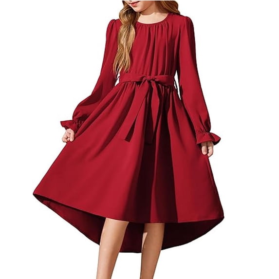 StSilkitty Girls Dress Puff Long Sleeve Crew Neck Tie Front A-Line Dresses Fall Solid Color Lightweight Casual Clothes