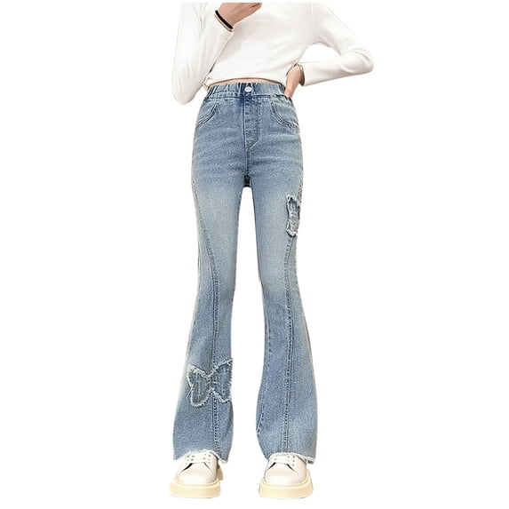 StSilkitty Girls Flare Jeans Bow Embroidery High Waist Elastic Bell Bottom Denim Pants Lightweight Soft Flared Trousers with Pockets