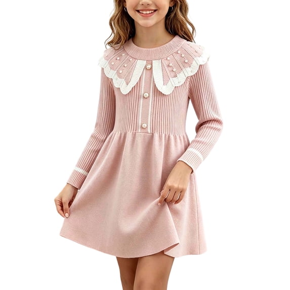 StSilkitty Girls Knit Dress Long Sleeve Lace Crew Neck A-Line Midi Dresses Fall Lightweight Casual Fashion Outfits