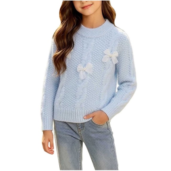 StSilkitty Girls Knitted Sweaters Bowknot Long Sleeve Crewneck Pullover Tops Fall Lightweight Casual Fashion Sweater