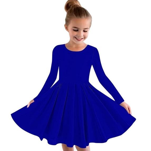 StSilkitty Girls Long Sleeve Dresses Solid Color Crew Neck A-Line Pleated Midi Dress Fall Winter Lightweight Casual Clothes