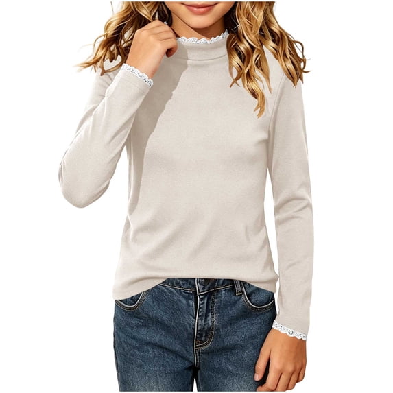 StSilkitty Girls Long Sleeve Tops Lace Trim Crewneck Casual Pullover T-Shirts Fall Lightweight Casual Shirts