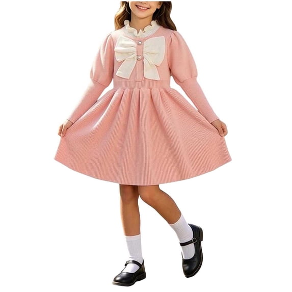 StSilkitty Girls Sweater Dress Long Sleeve Collared Bowknot A-Line Midi Dresses Fall Lightweight Casual Outfits