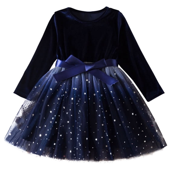 StSilkitty Girls Tulle Dress Long Sleeve Crew Neck Star Printed Tie Front A-Line Dresses Fall Winter Casual Clothes