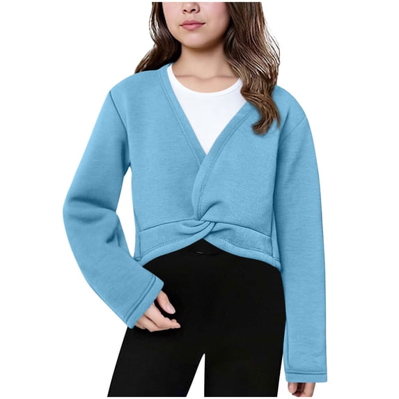 StSilkitty Girls Wrap Tops Long Sleeve V Neck Fleece Dance Cardigan Sweater Cotton Fall Winter Cover Up Size 4-13