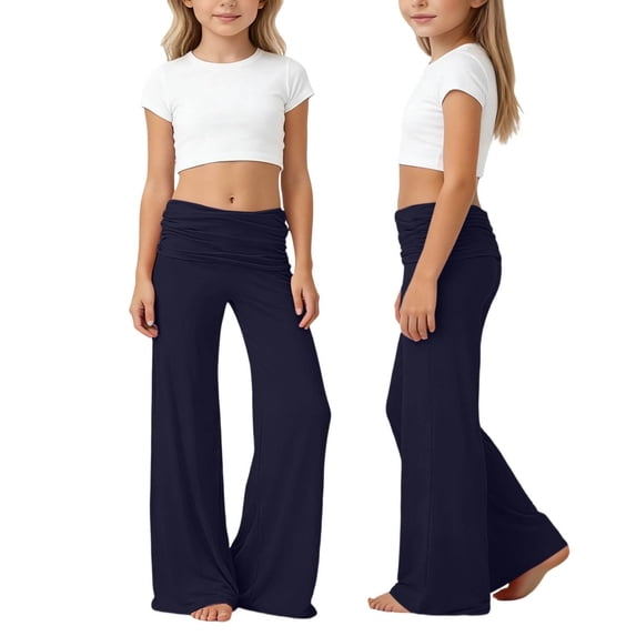 StSilkitty Girls Yoga Leggings Solid Color High Waist Elastic Stretch Wide Leg Dance Pants Lightweight Athletic Trousers