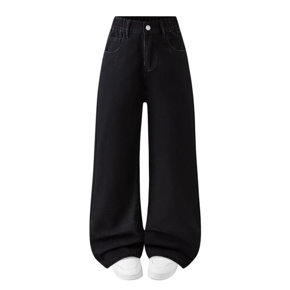 StSilkitty Jeans for Girls Solid Color High Waist Elastic Denim Pants with Pockets Loose Wide Leg Trousers with Pockets