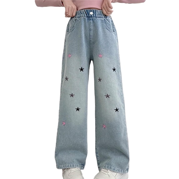 StSilkitty Kids Jeans Star Printed High Waisted Elastic Wide Leg Denim Pants Lightweight Loose Casual Trousers with Pockets