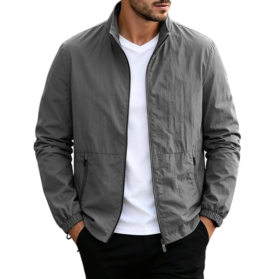 StSilkitty Lightweight Jacket for Men Solid Color Long Sleeve Stand Collar Full Zip Fashion Jackets Coat with Pockets