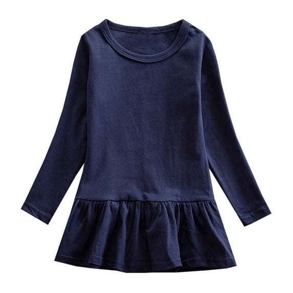 StSilkitty Long Sleeve Dress for Girls Cotton Crew Neck A-Line Pleated Dresses Solid Color Lightweight Casual Outfits
