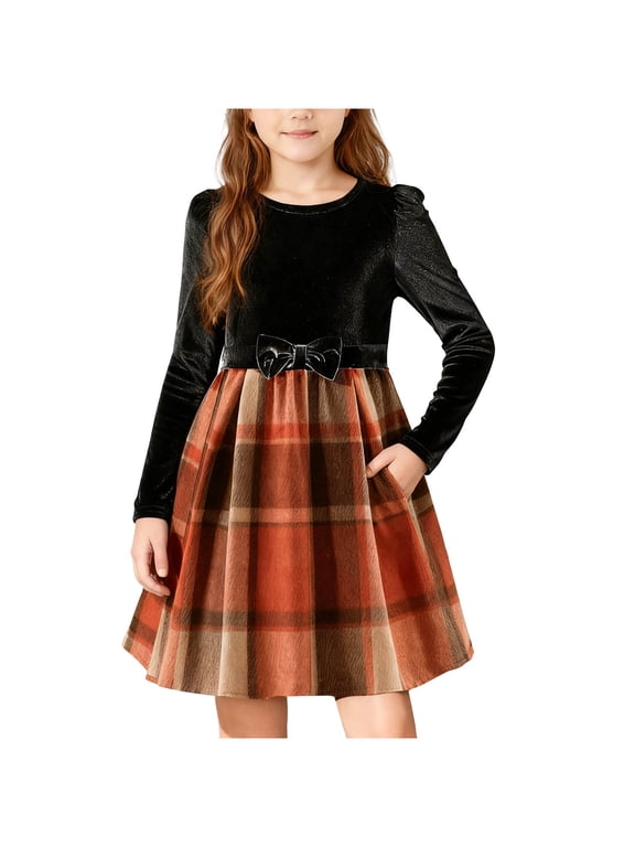 Long Sleeve Dress for Girls Plaid Patchwork Crewneck Bowknot Dresses Fall Winter Fashion Christmas Dress Size 4-12