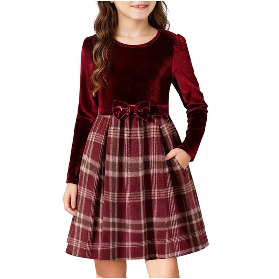 StSilkitty Long Sleeve Dress for Girls Plaid Patchwork Crewneck Bowknot Dresses Fall Winter Fashion Christmas Dress Size 4-12