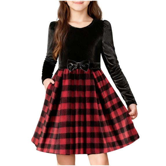 StSilkitty Long Sleeve Dress for Girls Plaid Patchwork Crewneck Bowknot Dresses Fall Winter Fashion Christmas Dress Size 4-12