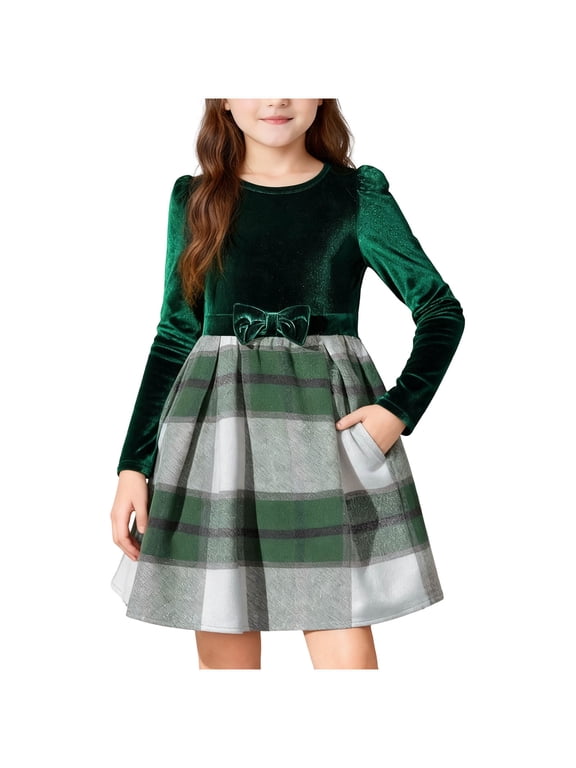 Long Sleeve Dress for Girls Plaid Patchwork Crewneck Bowknot Dresses Fall Winter Fashion Christmas Dress Size 4-12
