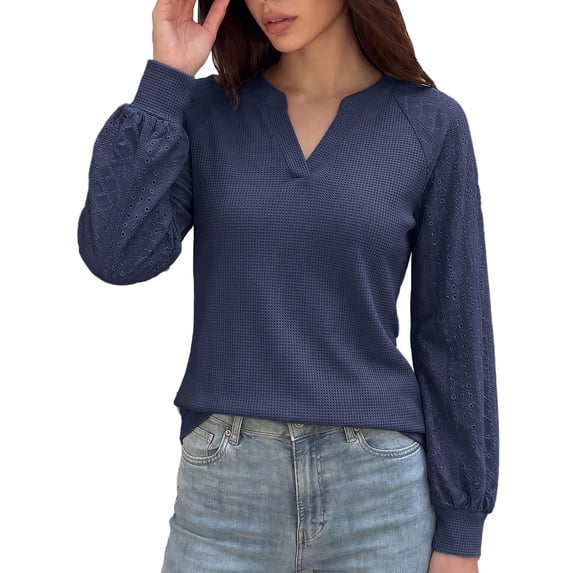 StSilkitty Loose Casual Sweatshirt Eyelet Long Sleeve V Neck Sweatshirts Solid Color Fashion Comfy Pullover Shirts