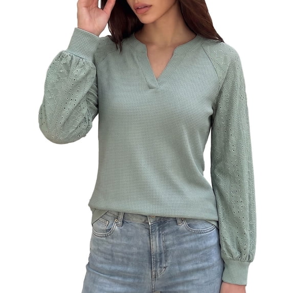 StSilkitty Loose Casual Sweatshirt Eyelet Long Sleeve V Neck Sweatshirts Solid Color Fashion Comfy Pullover Shirts