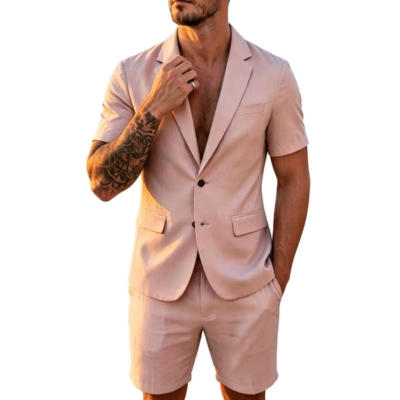 StSilkitty Men's 2 Piece Casual Outfits Short Sleeve Collared 2 Buttons Blazer and Shorts Set Summer Lightweight Comfy Sets