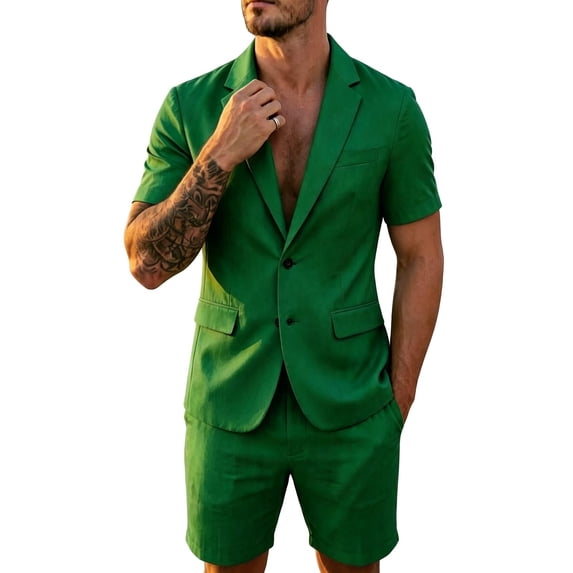 StSilkitty Men's 2 Piece Casual Outfits Short Sleeve Collared 2 Buttons Blazer and Shorts Set Summer Lightweight Comfy Sets