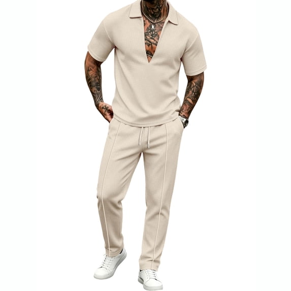 StSilkitty Men's 2 Piece Casual Outfits Solid Color Short Sleeve Collared V Neck Shirts and Drawstring Shorts Sets Lightweight Comfy Set