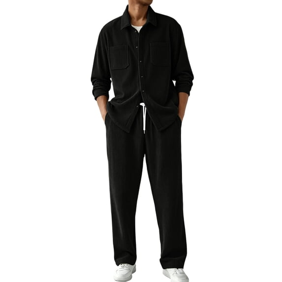 StSilkitty Men's 2 Piece Outfit Long Sleeve Collared Button down Shirts and Loose Pants Sets Solid Color Lightweight Casual Set