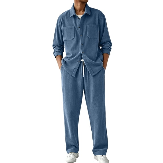 StSilkitty Men's 2 Piece Outfit Long Sleeve Collared Button down Shirts and Loose Pants Sets Solid Color Lightweight Casual Set