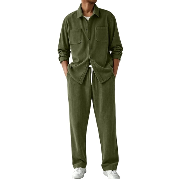 StSilkitty Men's 2 Piece Outfit Long Sleeve Collared Button down Shirts and Loose Pants Sets Solid Color Lightweight Casual Set