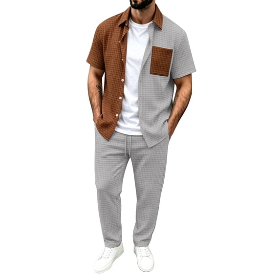 StSilkitty Men's 2 Piece Outfits Color Block Button down Short Sleeve Collared Shirts and Pants Sets Cotton Linen Casual Set