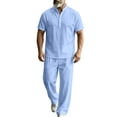 thumbnail image 1 of StSilkitty Men's 2 Piece Outfits Solid Color Short Sleeve Band Collar Shirts and Elastic Waist Pants Set Cotton Linen Casual Sets, 1 of 6