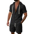 thumbnail image 1 of StSilkitty Men's 2 Piece Outfits Solid Color Short Sleeve Button down Hooded Shirts and Shorts Set Lightweight Soft Casual Outfit, 1 of 5