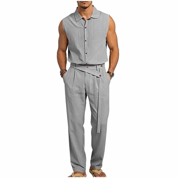 StSilkitty Men's 2 Piece Sets Sleeveless Button down Collared Shirts and Pants Outfits Solid Color Lightweight Comfy Set