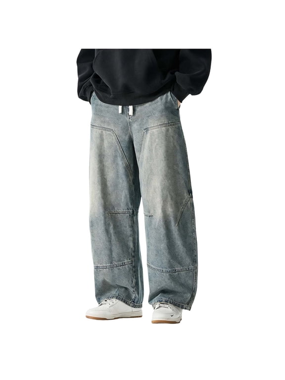 Men's Casual Baggy Pants with Pocket Solid Color Elastic Waist Drawstring Wide Leg Trousers Soft Comfy Pant
