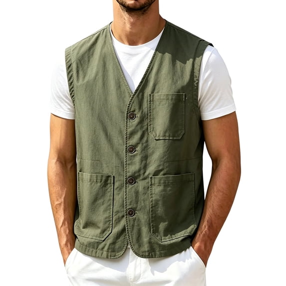 StSilkitty Men's Casual Vest Sleeveless V Neck Button down Waistcoat Cotton Solid Color Stylish Vest with Pockets
