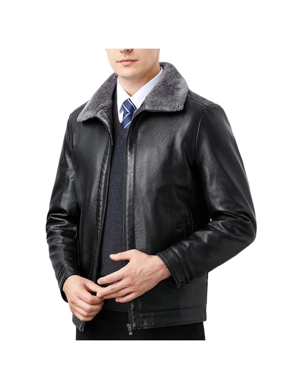 Men's Fleece Leather Jacket Winter Long Sleeve Full Zip up Collared Leather Jackets Coat with Pockets