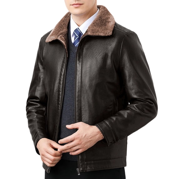 StSilkitty Men's Fleece Leather Jacket Winter Long Sleeve Full Zip up Collared Leather Jackets Coat with Pockets