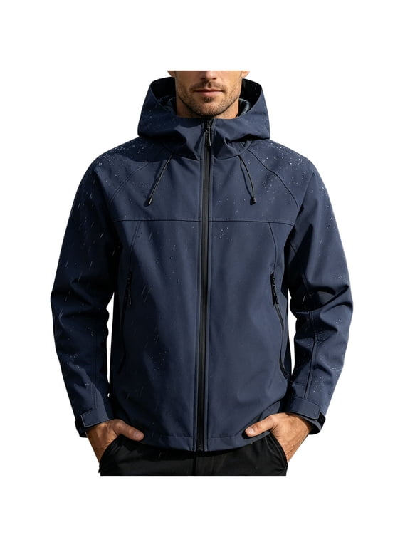 Men's Hooded Jacket Long Sleeve Full Zip Windbreaker Waterproof Raincoat Hiking Jackets Coat with Pockets