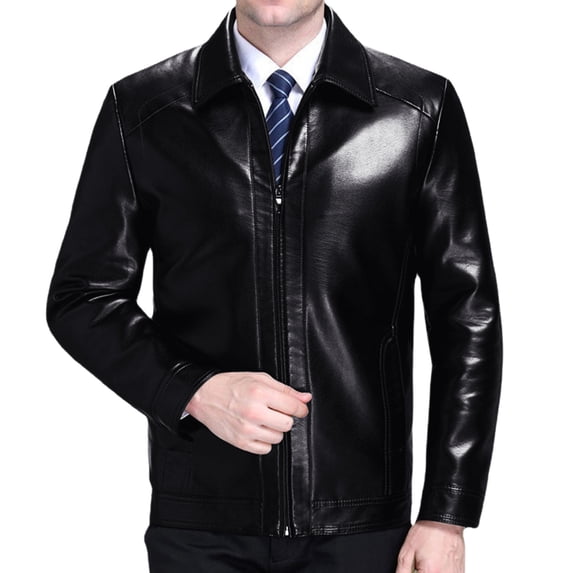 StSilkitty Men's Leather Jacket Solid Color Long Sleeve Full Zip up Collared Leather Jackets Coat with Pockets