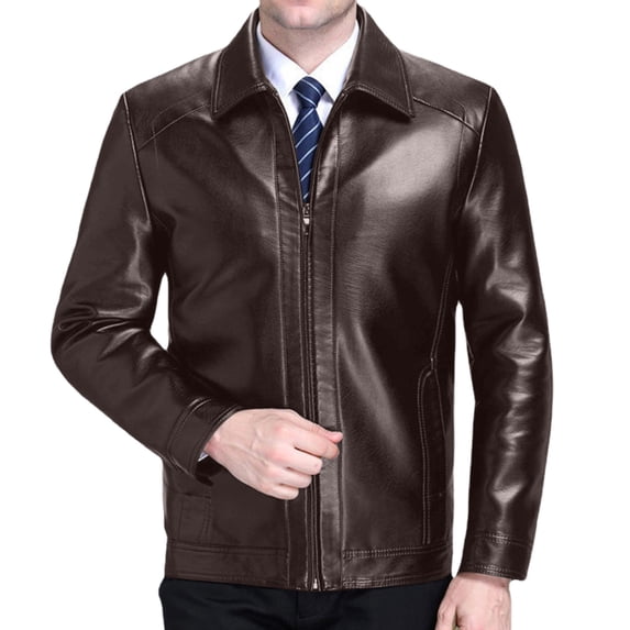 StSilkitty Men's Leather Jacket Solid Color Long Sleeve Full Zip up Collared Leather Jackets Coat with Pockets