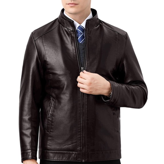 StSilkitty Men's Leather Jacket Solid Color Long Sleeve Full Zip up Stand Collar Leather Jackets Coat with Pockets