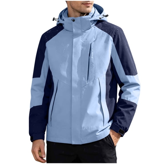StSilkitty Men's Rain Jacket Color Block Long Sleeve Full Zip Windbreaker Waterproof Hooded Raincoat with Pockets