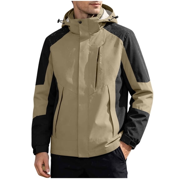 StSilkitty Men's Rain Jacket Color Block Long Sleeve Full Zip Windbreaker Waterproof Hooded Raincoat with Pockets
