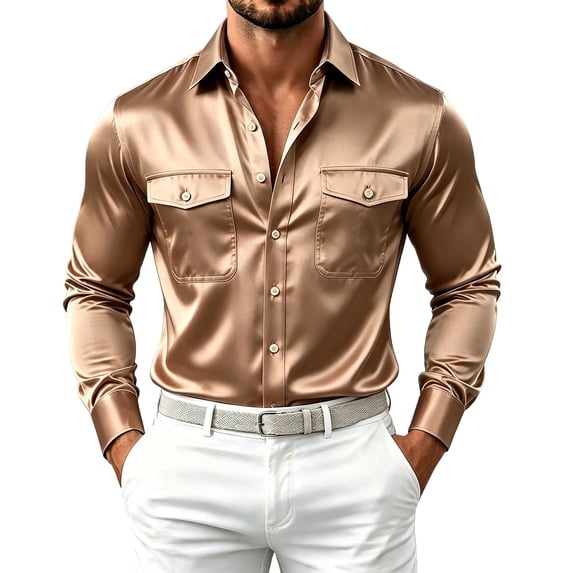 StSilkitty Men's Satin Shirts Long Sleeve Collared Button down Dress Shirt with Pockets Lightweight Business Casual Tops