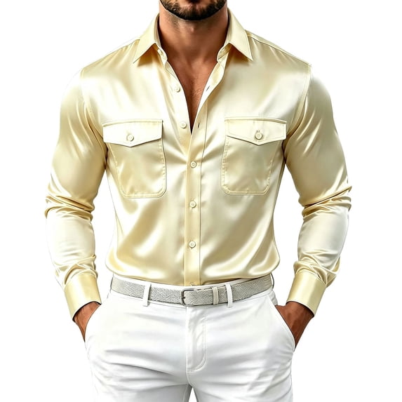 StSilkitty Men's Satin Shirts Long Sleeve Collared Button down Dress Shirt with Pockets Lightweight Business Casual Tops