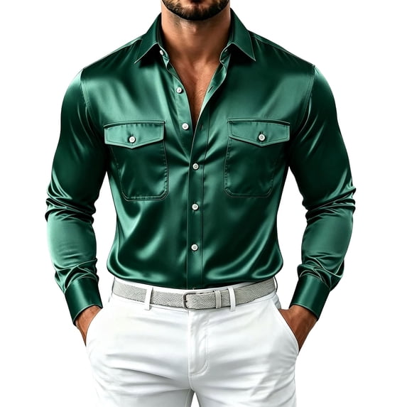 StSilkitty Men's Satin Shirts Long Sleeve Collared Button down Dress Shirt with Pockets Lightweight Business Casual Tops