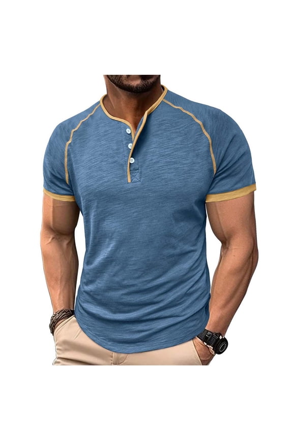 Men's Short Sleeve Casual Shirts Crew Neck 3 Buttons T-Shirt Solid Color Lightweight Beach Vacation Tops