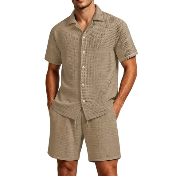 StSilkitty Mens 2 Piece Outfits Textured Short Sleeve Button down Shirts and Drawstring Shorts Sets Lightweight Soft Set