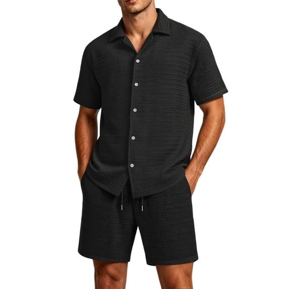 StSilkitty Mens 2 Piece Outfits Textured Short Sleeve Button down Shirts and Drawstring Shorts Sets Lightweight Soft Set