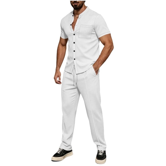 StSilkitty Mens 2 Piece Set Short Sleeve Button down Shirts and Pants Outfits Summer Lightweight Soft Casual Sets