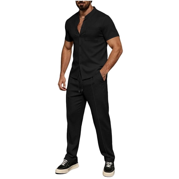 StSilkitty Mens 2 Piece Set Short Sleeve Button down Shirts and Pants Outfits Summer Lightweight Soft Casual Sets