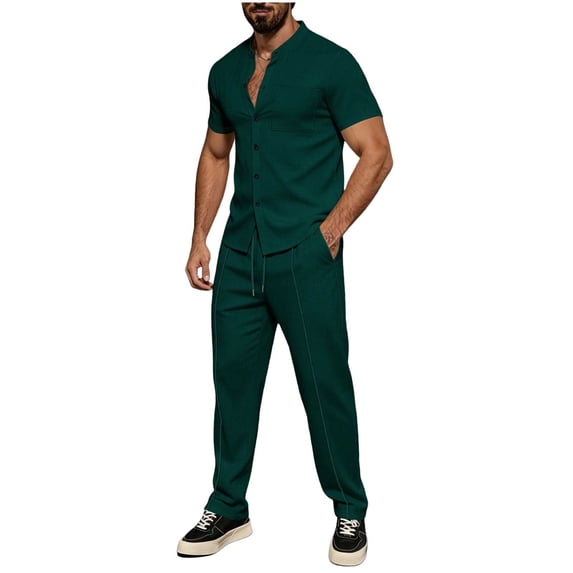 StSilkitty Mens 2 Piece Set Short Sleeve Button down Shirts and Pants Outfits Summer Lightweight Soft Casual Sets